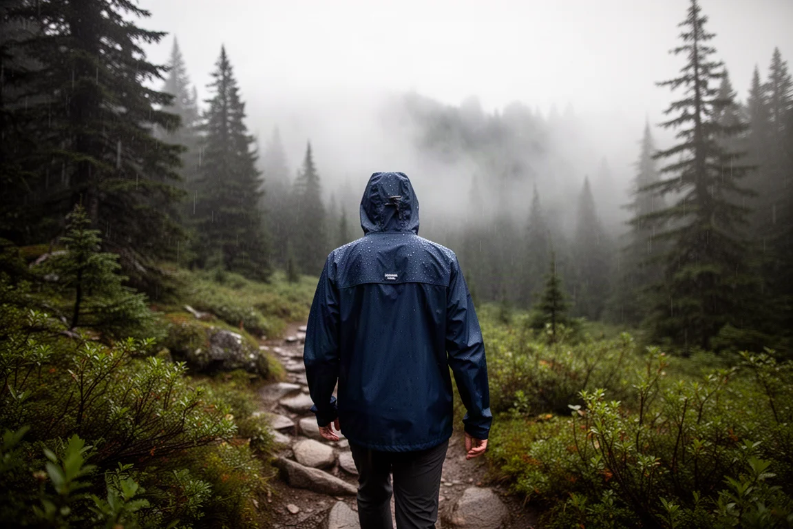 Wandelaar op een blootgestelde bergkam in striemende regen met een donkere waterdichte shell