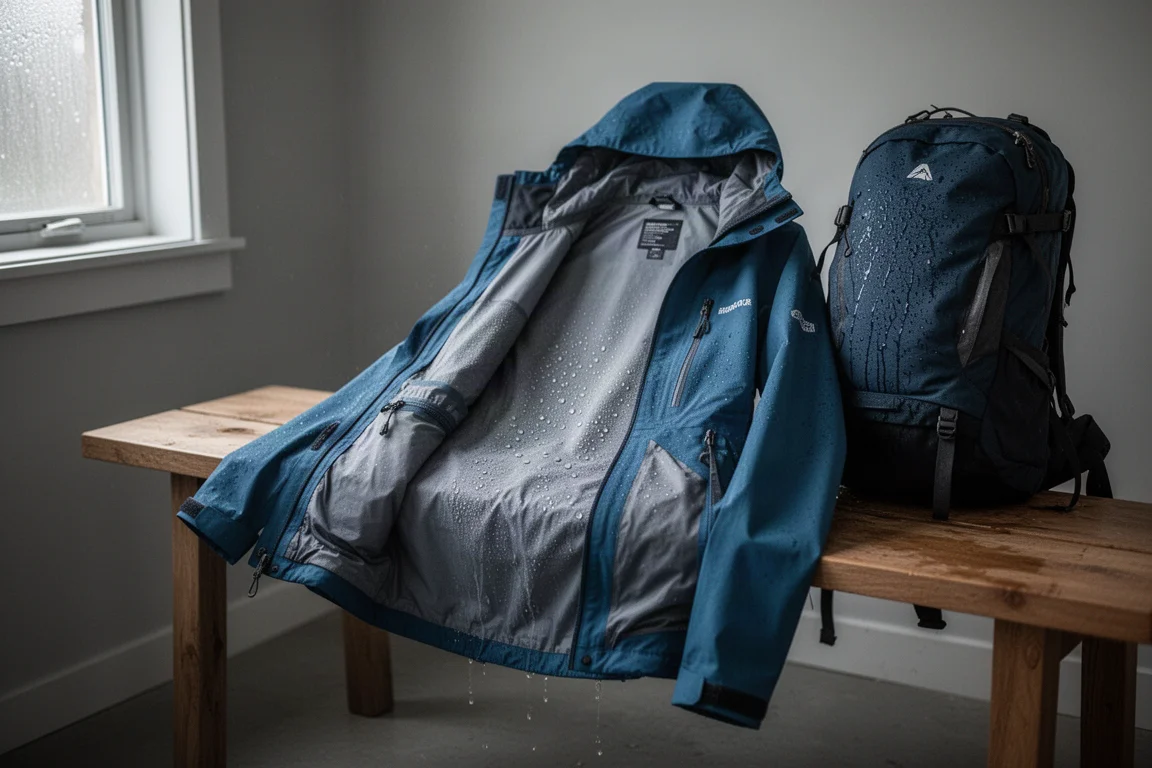 Close-up van een regenjaskraag en capuchonrand met water dat langs de flap naar beneden loopt