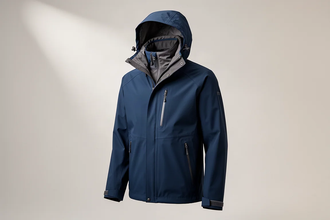 Navy blue hooded Gore-Tex rain jacket on invisible mannequin against grey backdrop
