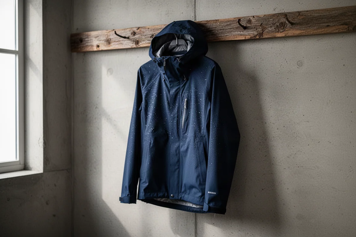 Navy technical rain shell hanging on a wooden peg against a concrete wall with water droplets