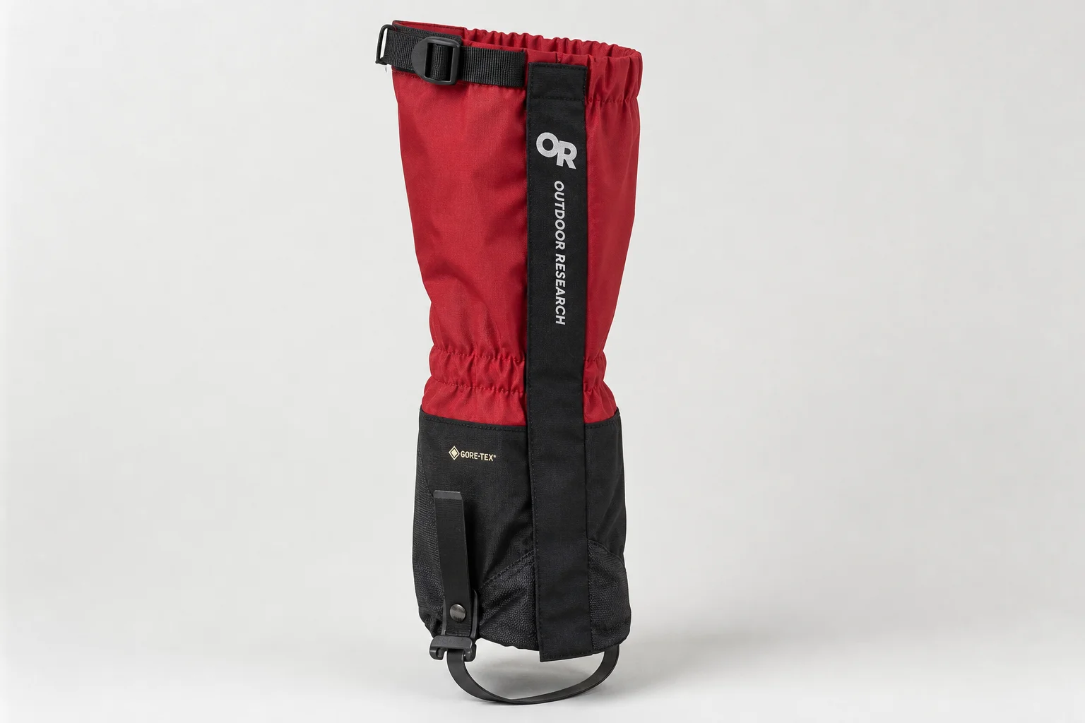 Five leg gaiters in different styles and materials arranged on concrete