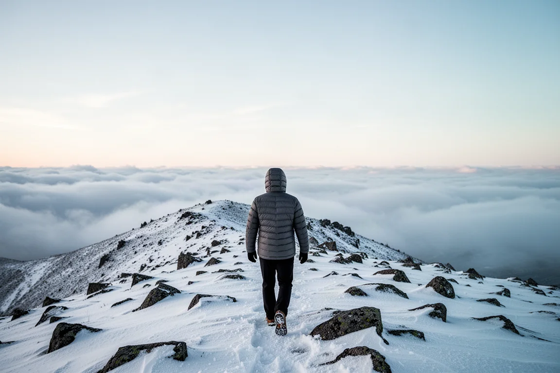 Wanderer in einer dunklen gesteppten Daunenjacke auf einem verschneiten Bergpfad am Vormittag