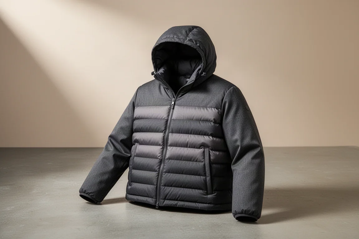 Dark grey hooded down jacket on a wooden hanger against a matte concrete wall