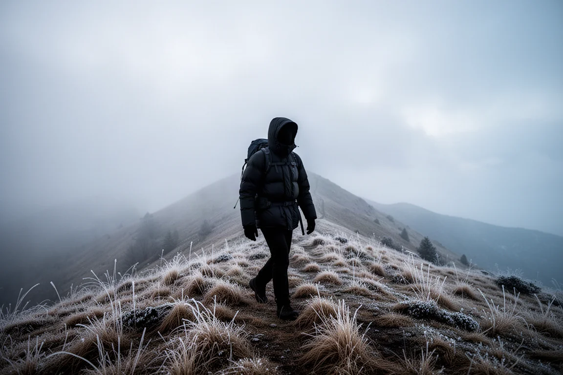 Excursionista con ropa de invierno por capas en un sendero alpino rocoso con clima frío y despejado