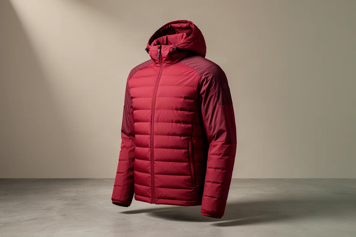 Deep red hooded down jacket with reinforced shoulder panels on a concrete surface