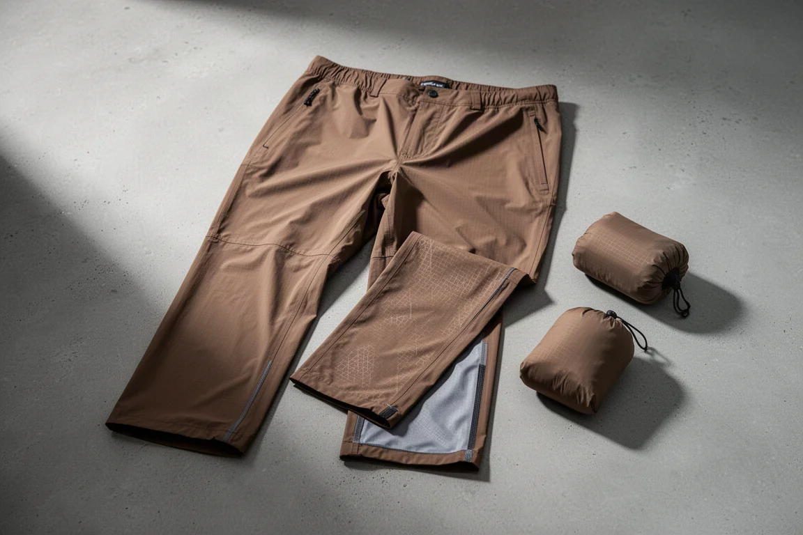Lightweight grey packable rain pants folded on a concrete surface