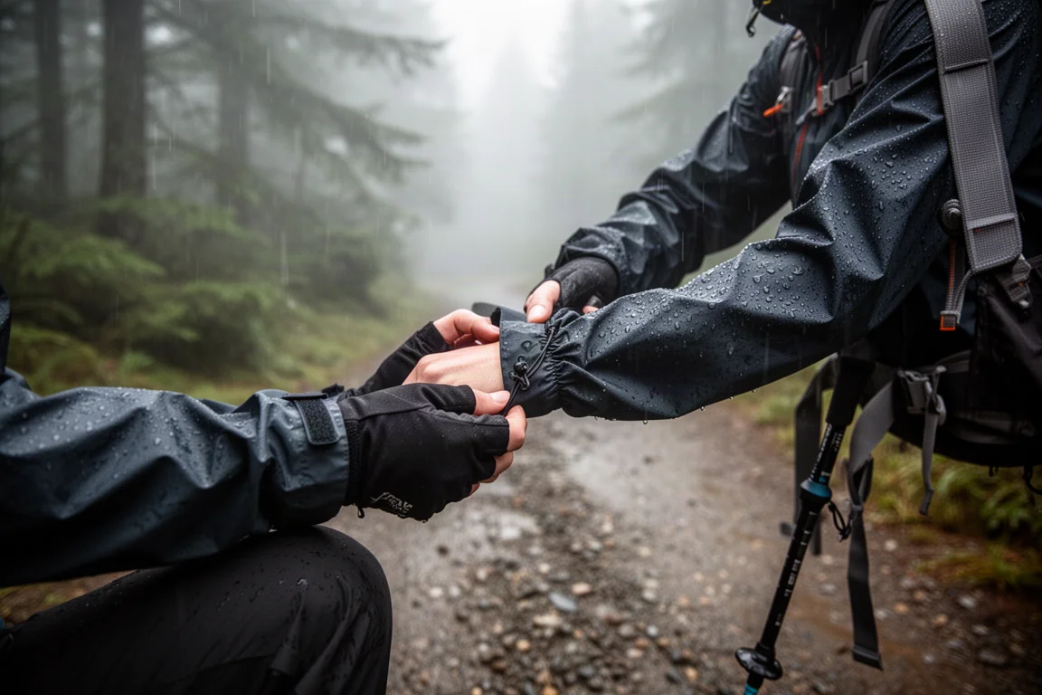 在霧氣瀰漫的森林小徑上,登山者戴著手套的手正把袖口調整到雨衣衣袖之上