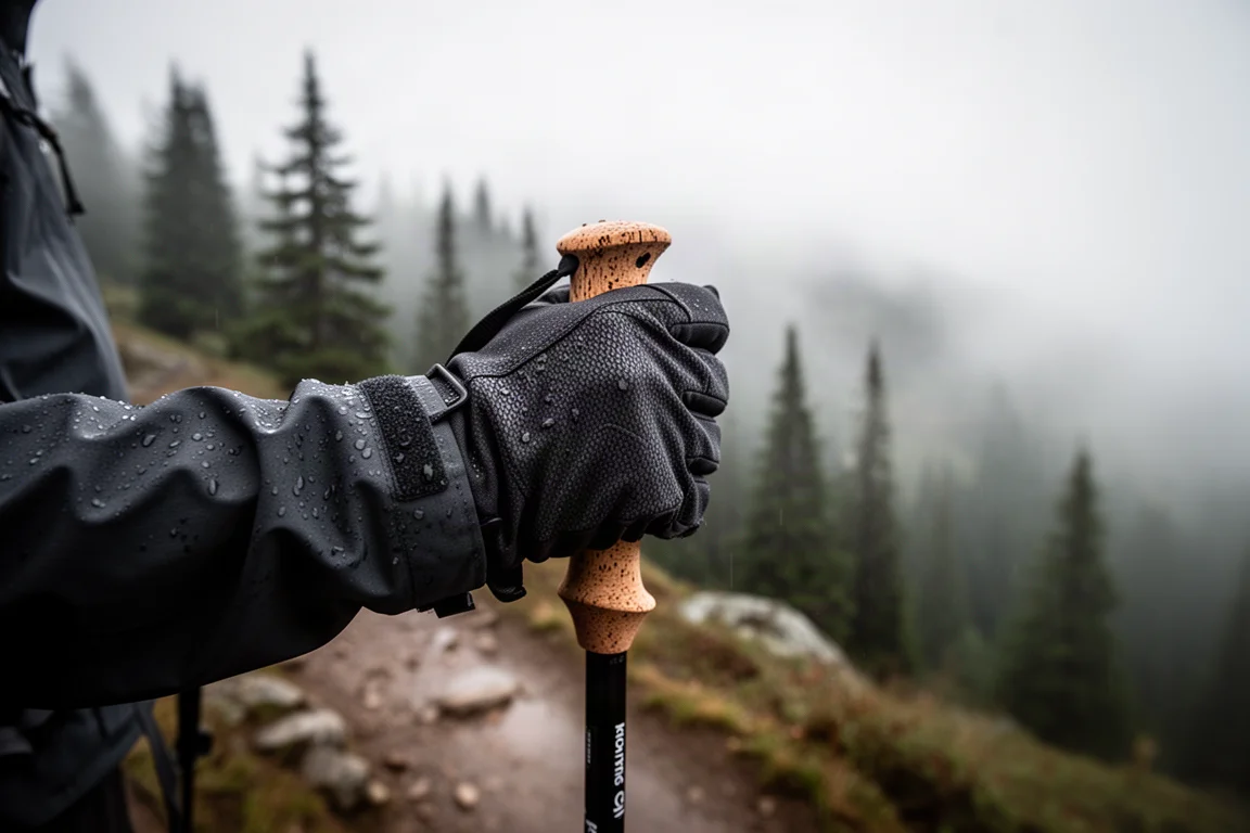 在低雲籠罩的濕滑山徑上,戴著手套的手緊握行山杖手柄