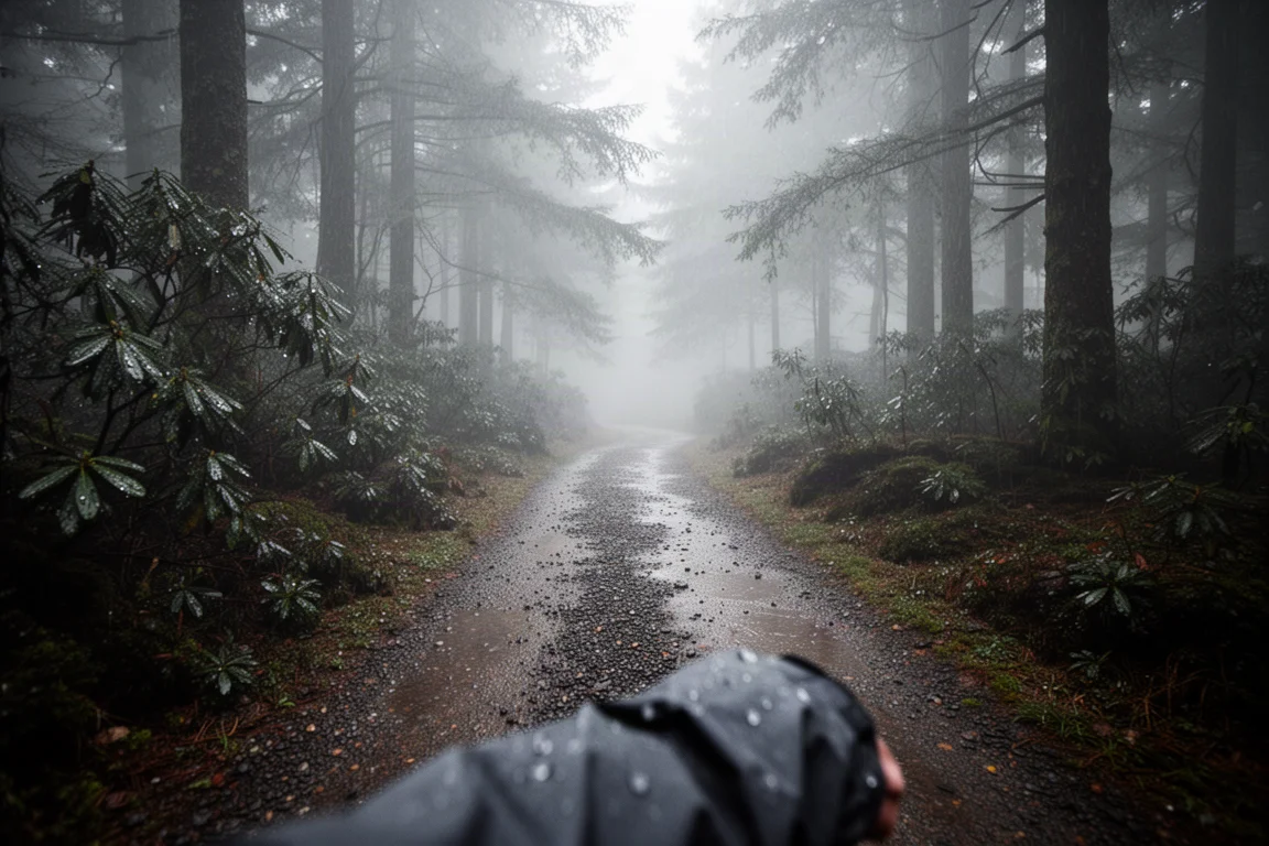 Rain-soaked forest trail with mist, wet foliage, and a blurred jacket sleeve in the foreground