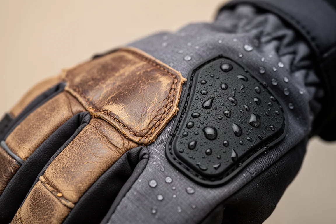 Close-up of leather finger patch and tacky synthetic grip panel on a waterproof glove