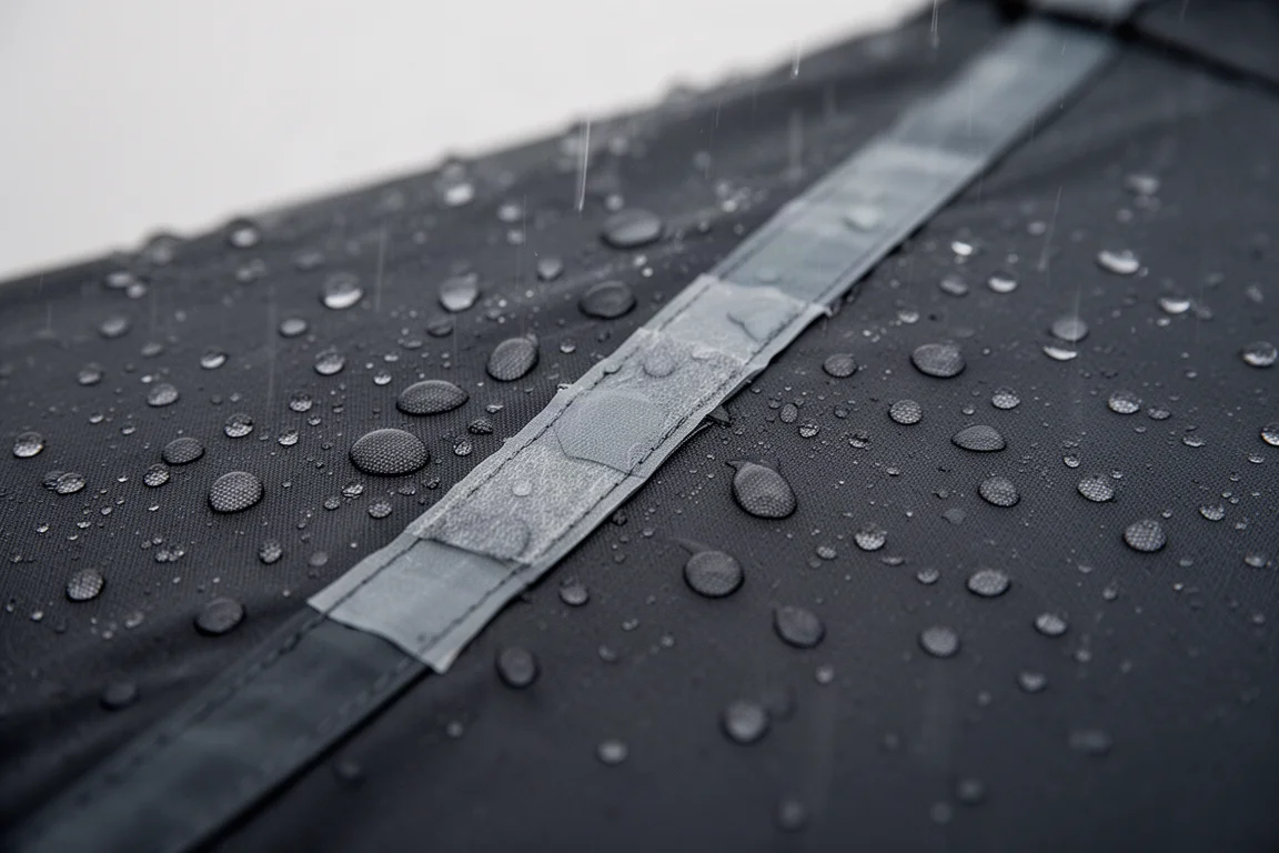 Cold rain beading on dark waterproof fabric with a taped seam line