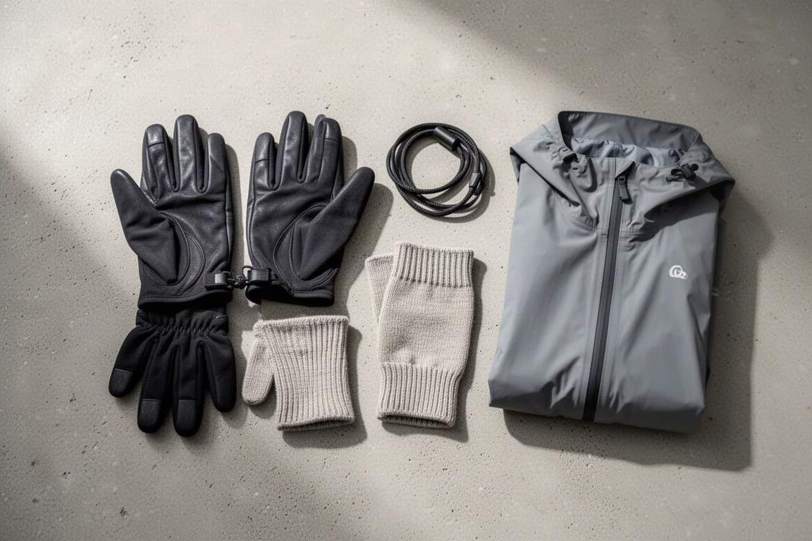 Overhead flat lay of shell gloves, a knit liner, and a folded rain shell on concrete