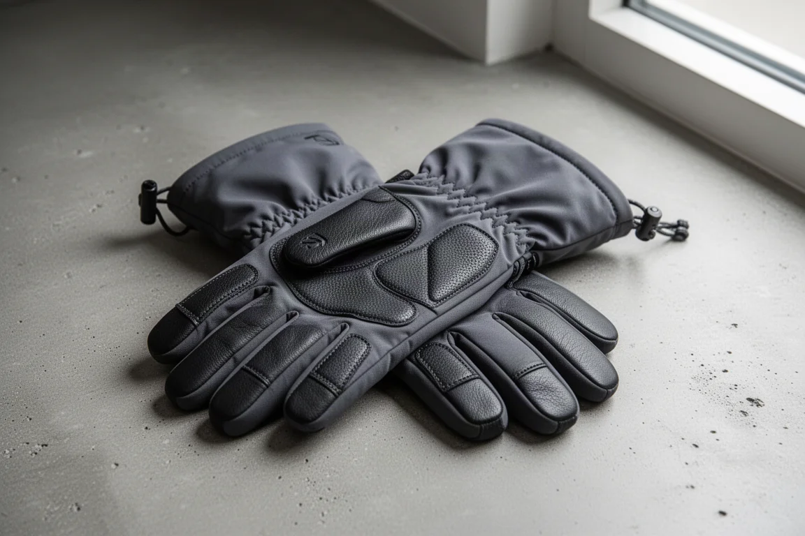 Unlined black waterproof shell gloves with leather thumb panels on a wet slate surface