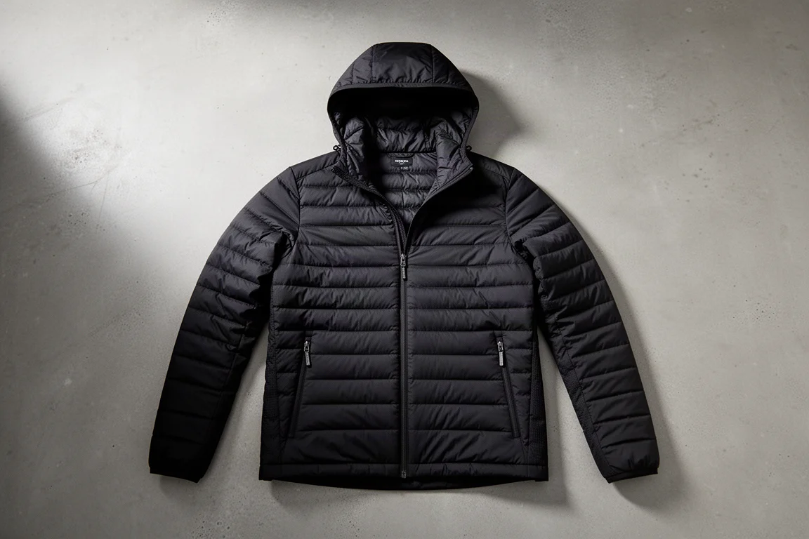 Black lightweight hooded synthetic insulated jacket laid flat on a concrete surface