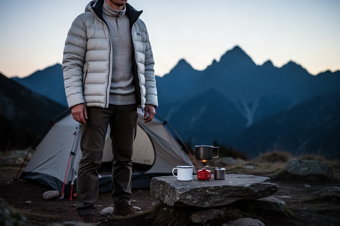 Randonneur en veste isolée à côté d'une tente sur un campement de montagne au crépuscule