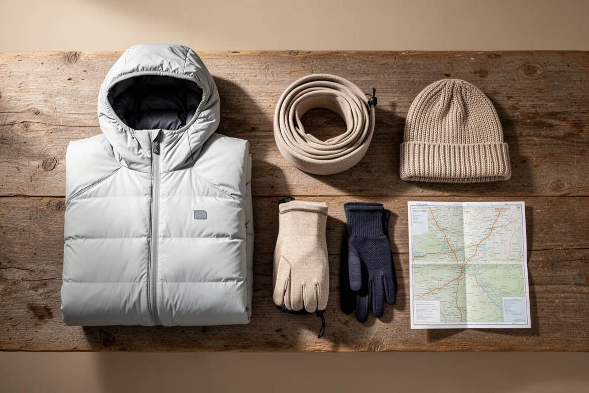 Vue à plat d'une veste isolée pliée avec sous-couche, gants, bonnet et carte