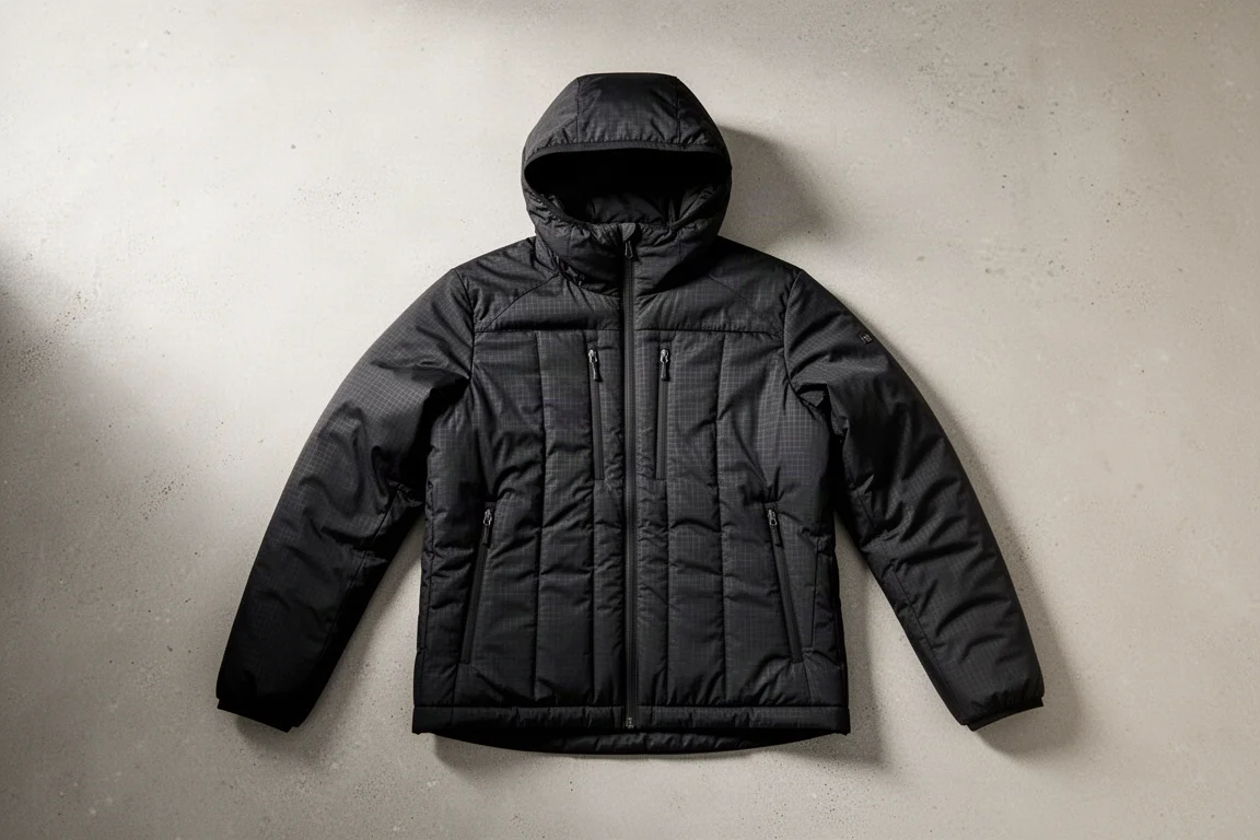 Lightweight black synthetic insulated hooded jacket laid flat on a pale concrete surface