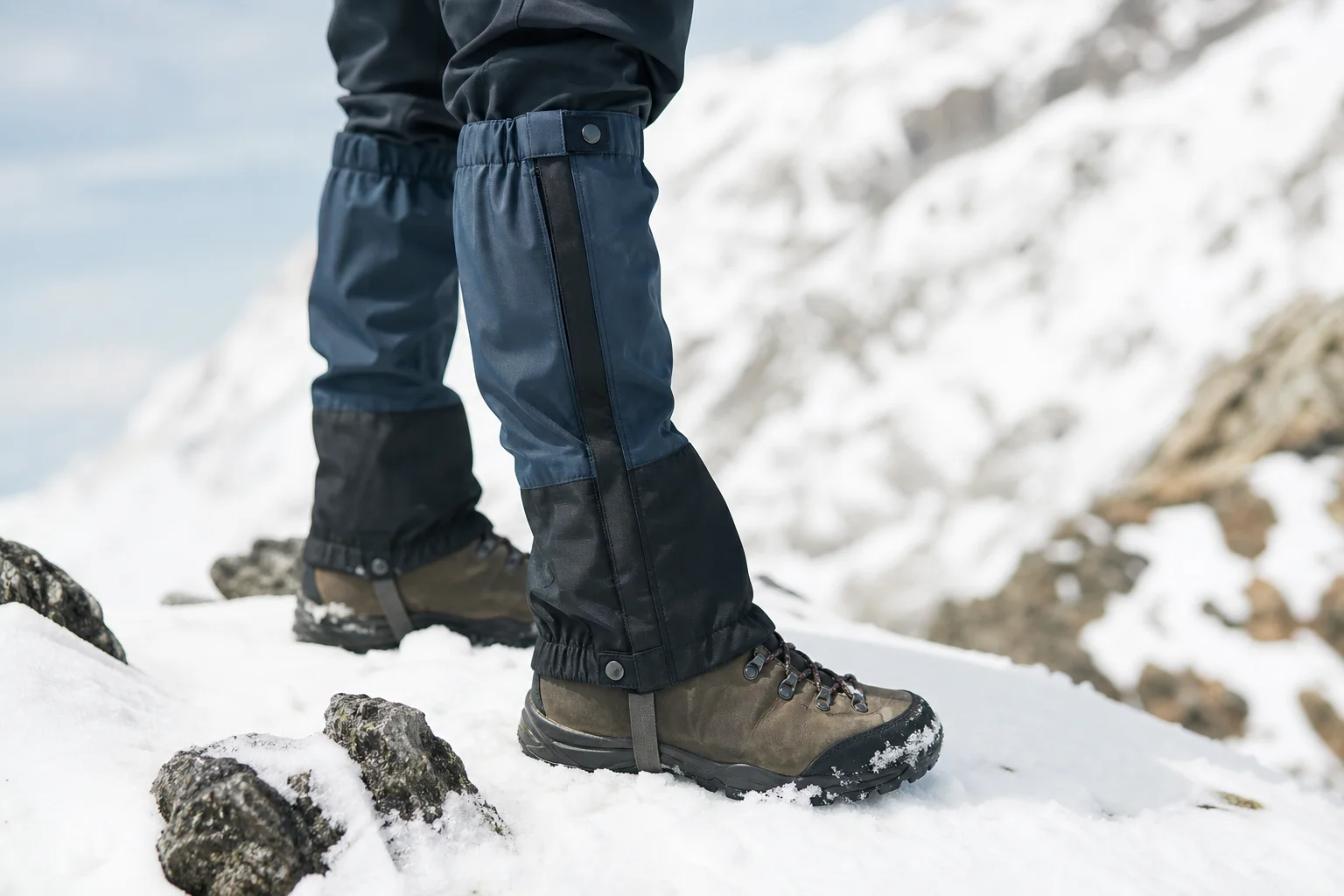Hiker's boots and lower legs on snowy mountain terrain with gaiters protecting the lower leg
