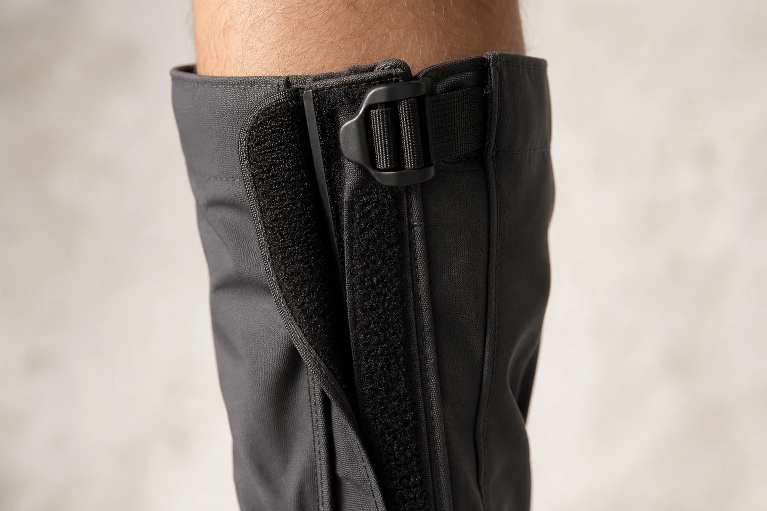 Close-up detail of gaiter Velcro strip and cam buckle closure mechanism