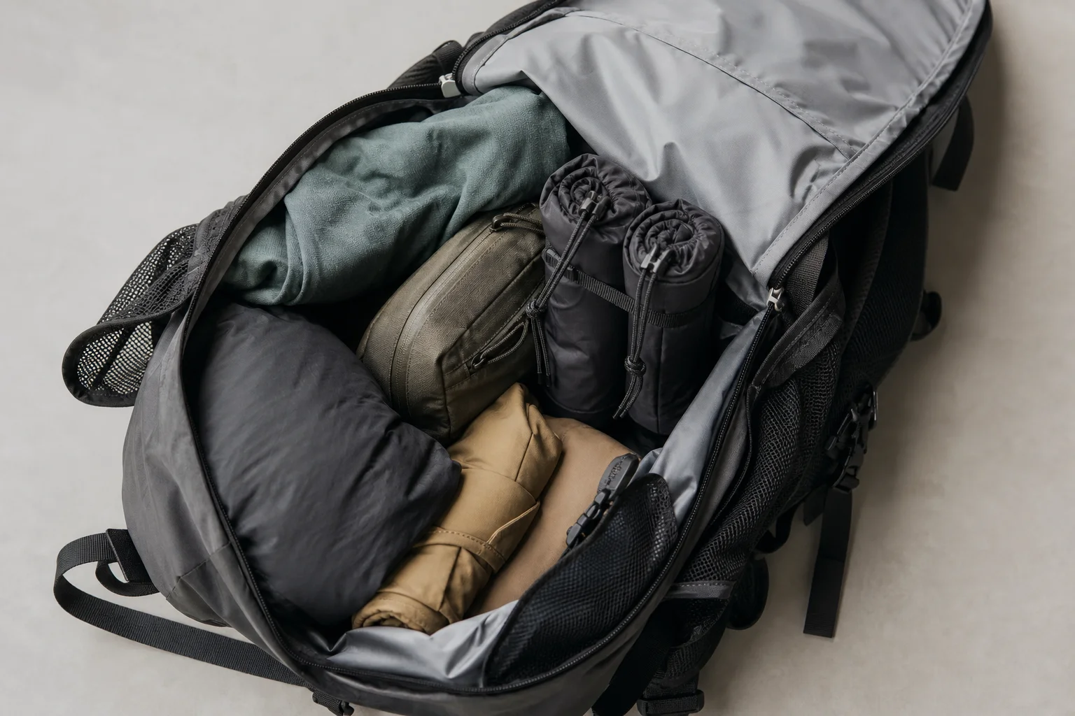 Backpacker's pack with gaiters packed compactly inside, showing packability