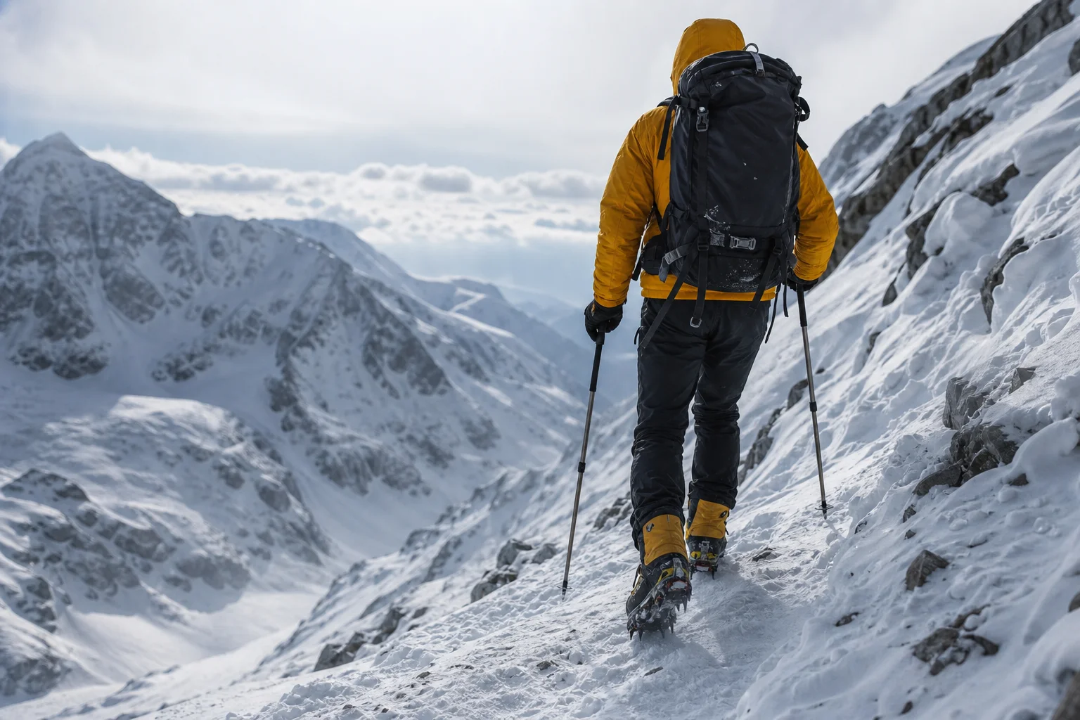 Mountaineer descending a snowy slope wearing gaiters over mountaineering boots