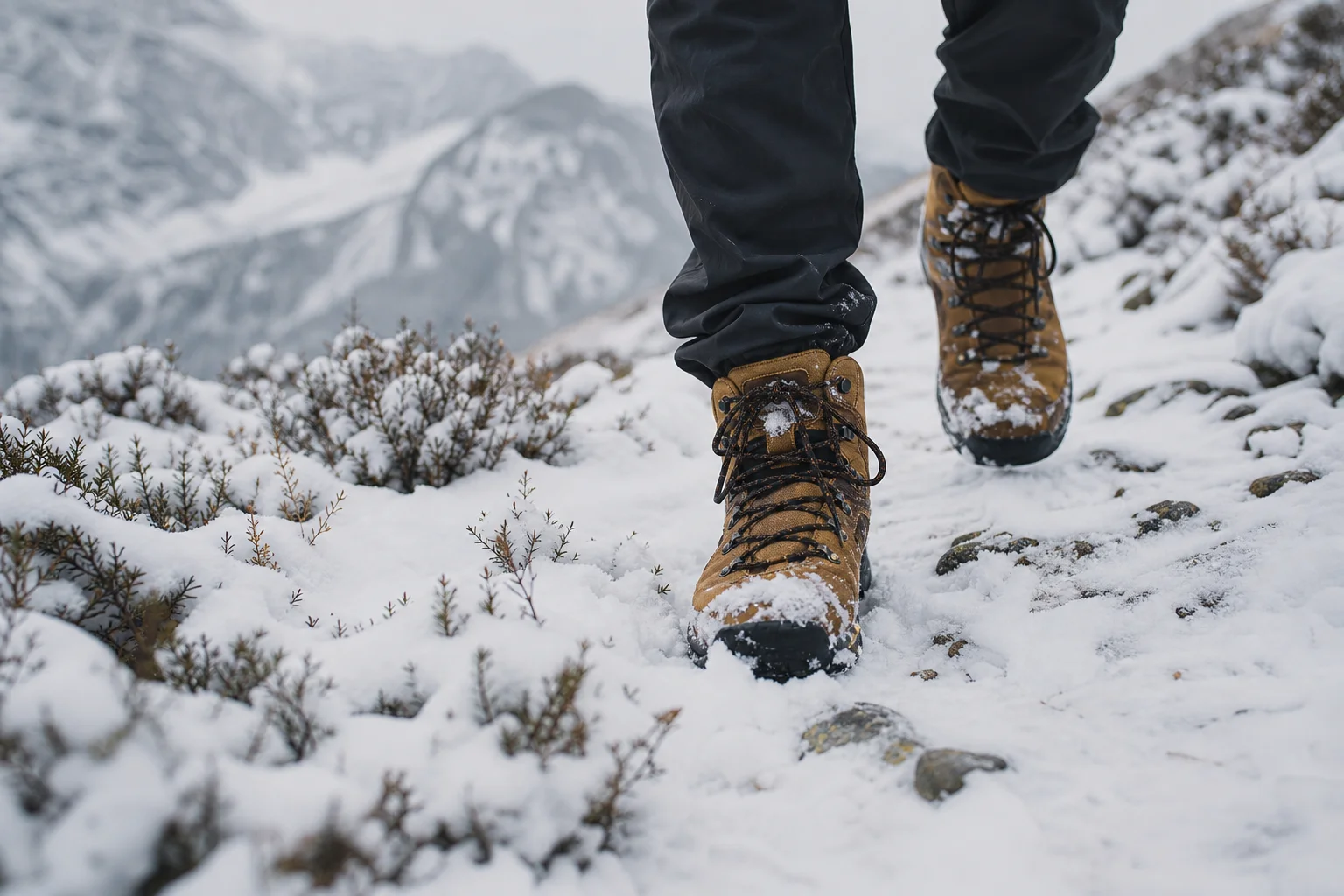 Wanderstiefel und Unterschenkel auf einem verschneiten Bergpfad