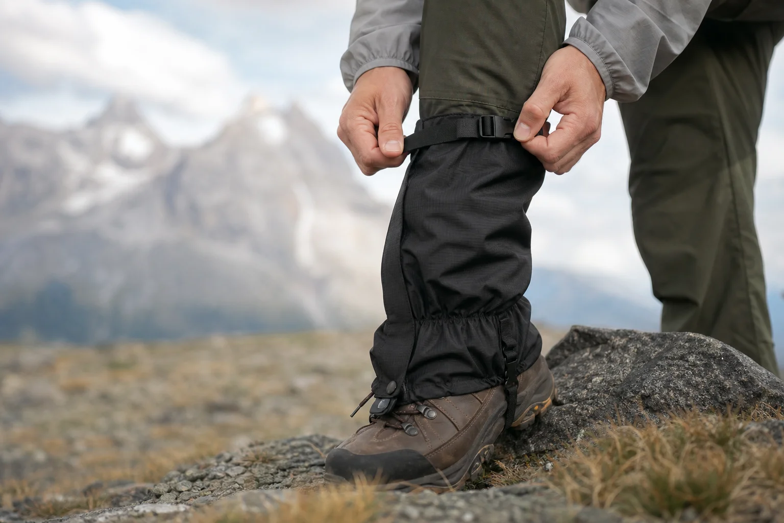 Wanderin passt den Gamaschenverschluss während einer Pause auf dem Pfad an
