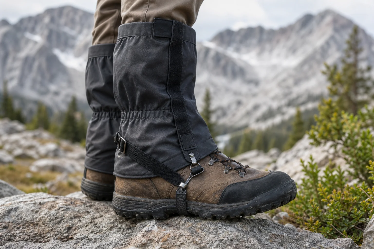 Wanderstiefel mit Gamaschen auf felsigem Berggelände