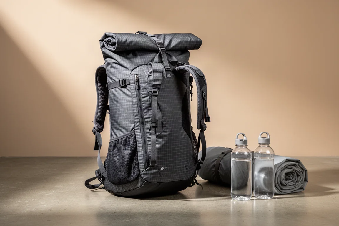 Roll-top ultralight hiking backpack in charcoal gridstop nylon on a matte concrete surface