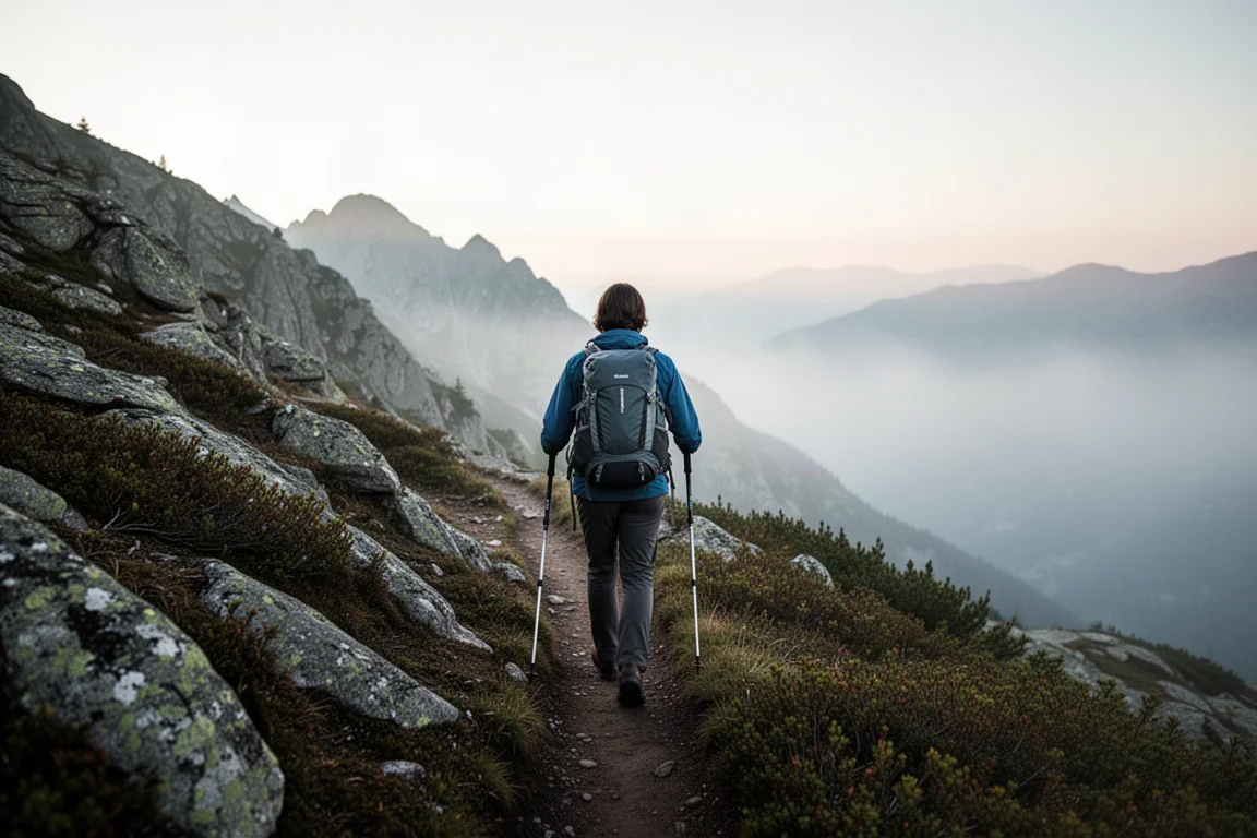 Randonneur avec bâtons de marche sur un sentier de crête alpine à l'aube