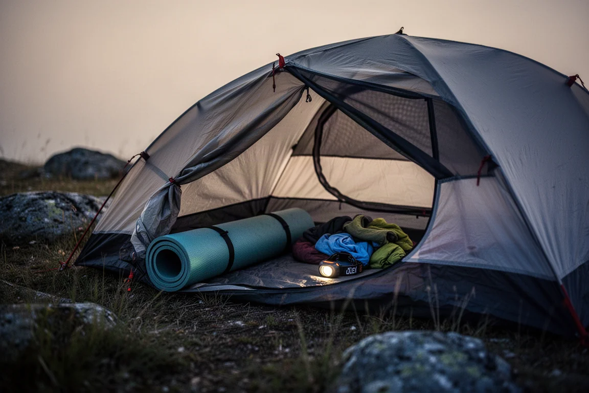 Campement au crépuscule avec matelas de sol et équipement à l'intérieur d'une tente ouverte