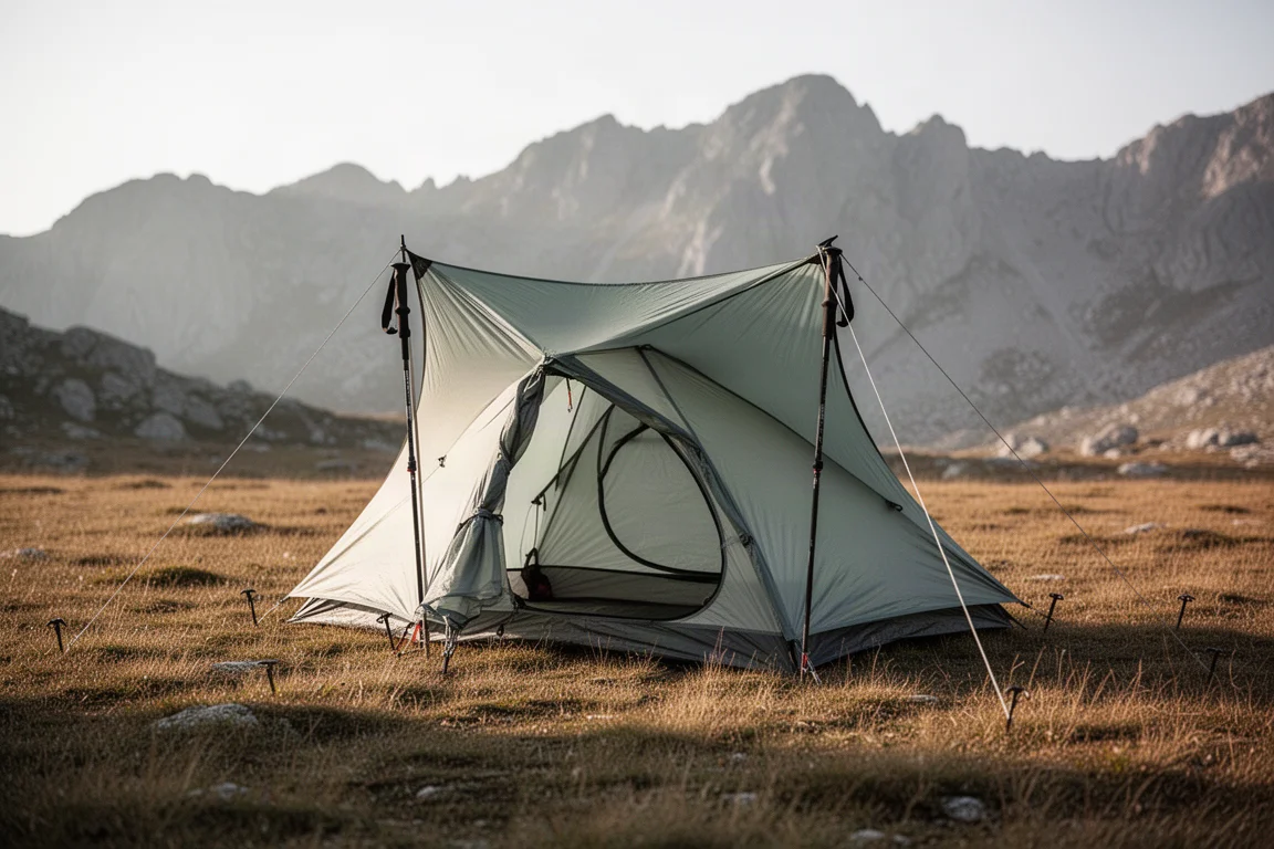 Ultralight trekking pole tent pitched in an alpine meadow with guy lines staked out
