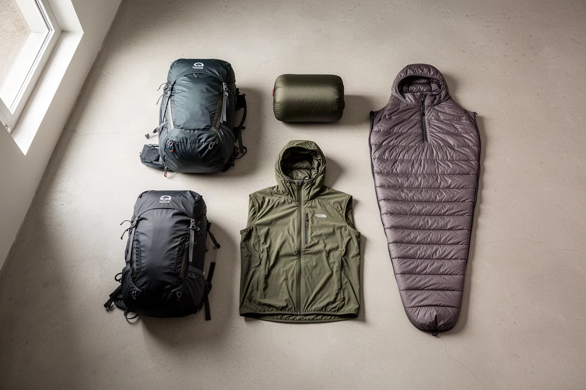 Attrezzatura da backpacking ridisegnata disposta su un pavimento in cemento con luce soffusa