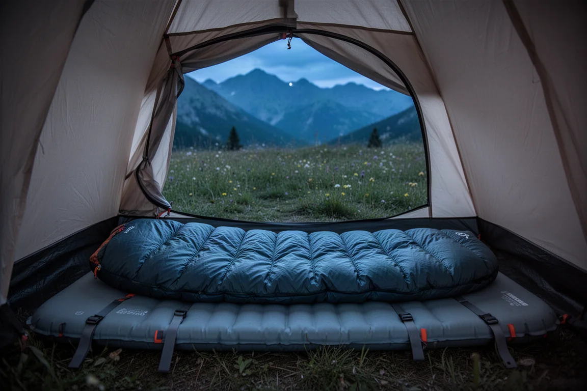 Quilt da backpacking steso su un materassino all'interno di una tenda al crepuscolo