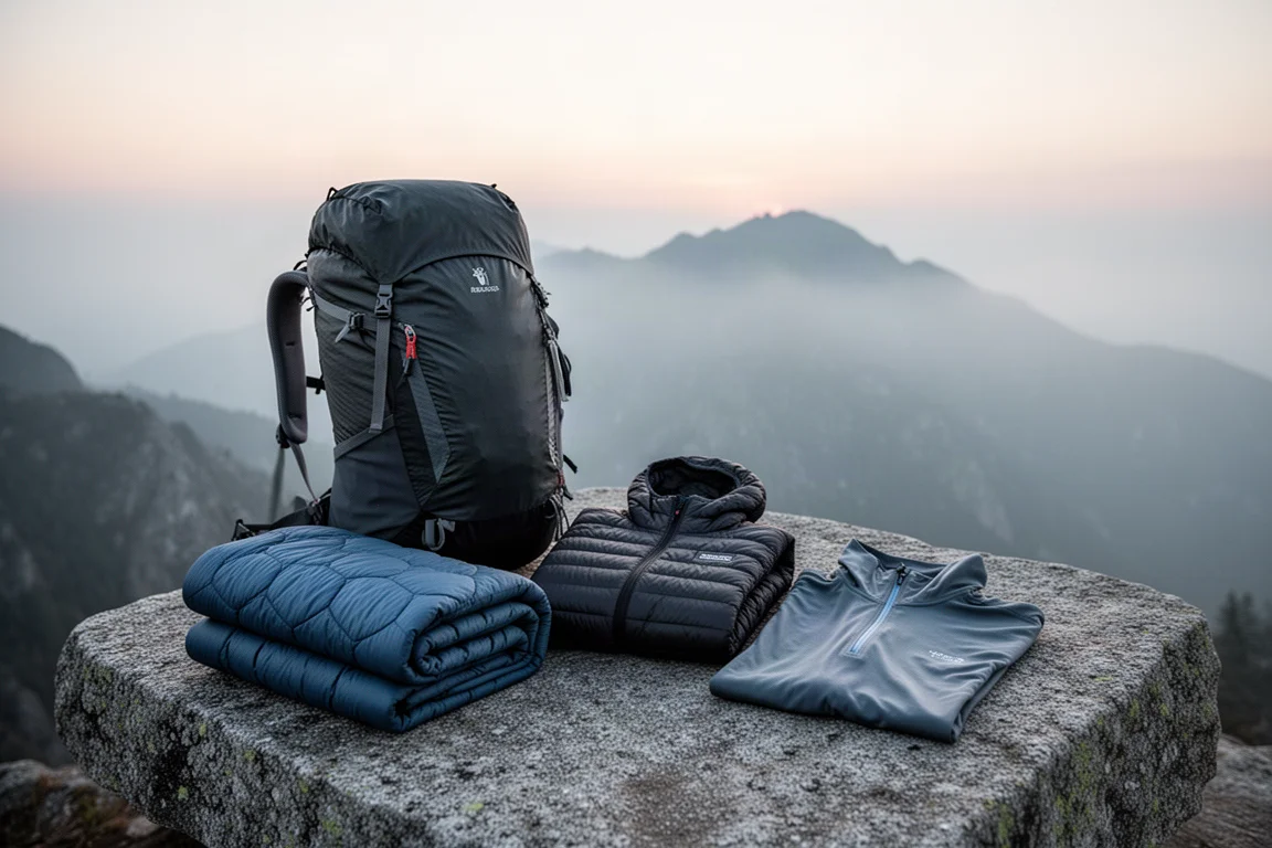 Strati da backpacking e zaino sistemati su roccia granitica all'alba in montagna