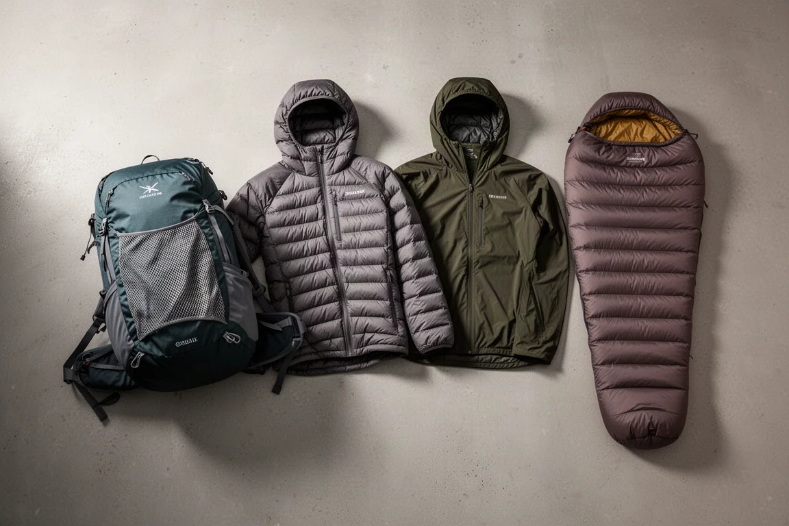 Four backpacking pieces including a pack, insulated jacket, hoodie and quilt on concrete