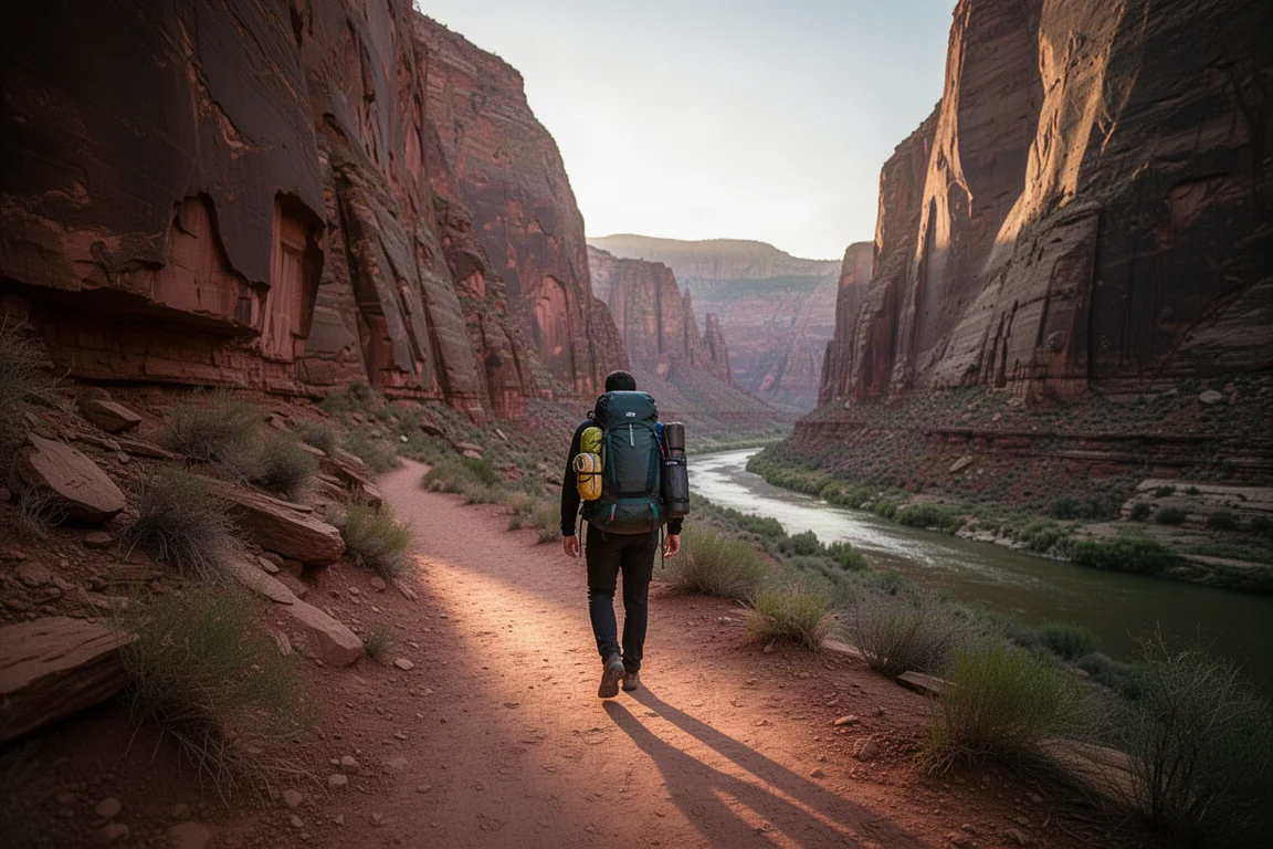 Escursionista con uno zaino carico che cammina su un sentiero sul bordo del canyon all'alba
