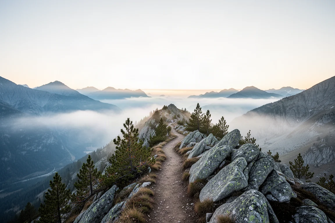 Backpacker sortiert kompakte Ausrüstung neben einem Ultralight-Rucksack auf einer Granitplatte im Morgengrauen
