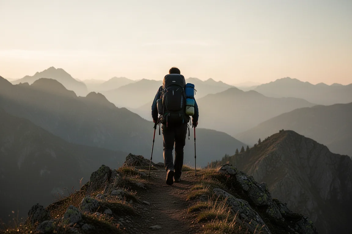 Trinkflasche wird beim Gehen auf einem Trail aus der Seitenasche eines Rucksacks gezogen