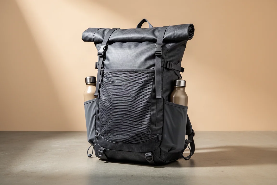 Ultralight charcoal roll-top backpack with mesh front pocket standing on concrete
