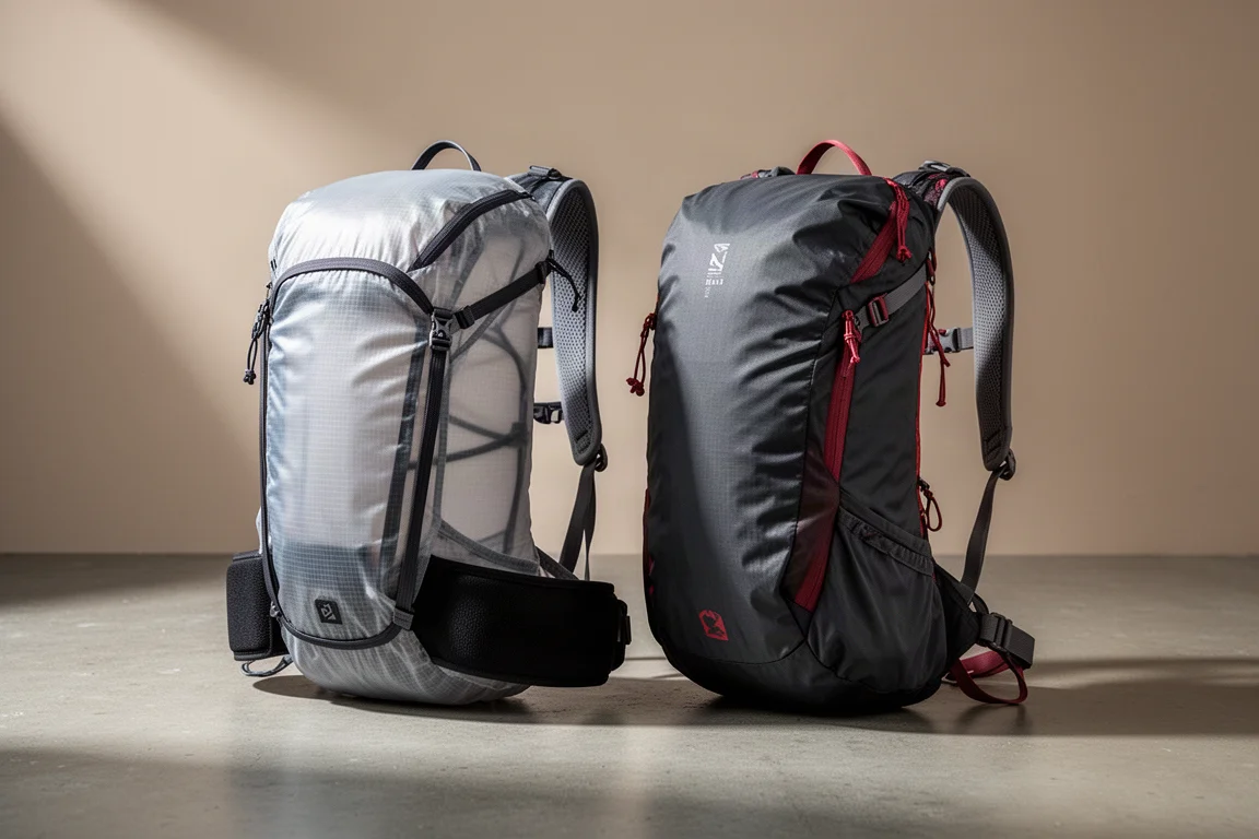 Two ultralight hiking backpacks side by side on a matte concrete surface