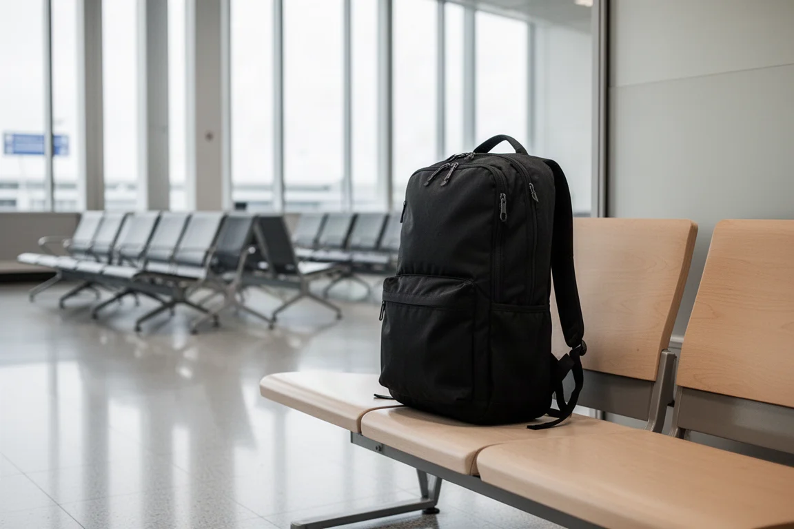 Black travel backpack resting on a bench in a bright airport departure area