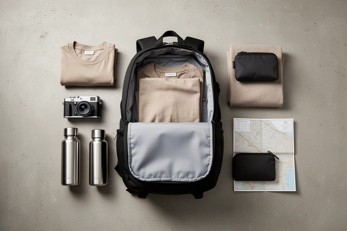 Overhead flat lay of travel essentials including a laptop, folded clothing and a water bottle