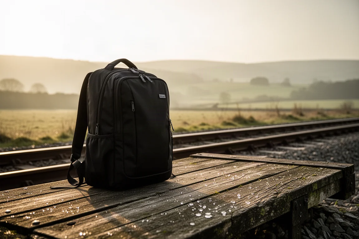 Loaded black backpack leaning against a rock at a mountain trailhead at dusk