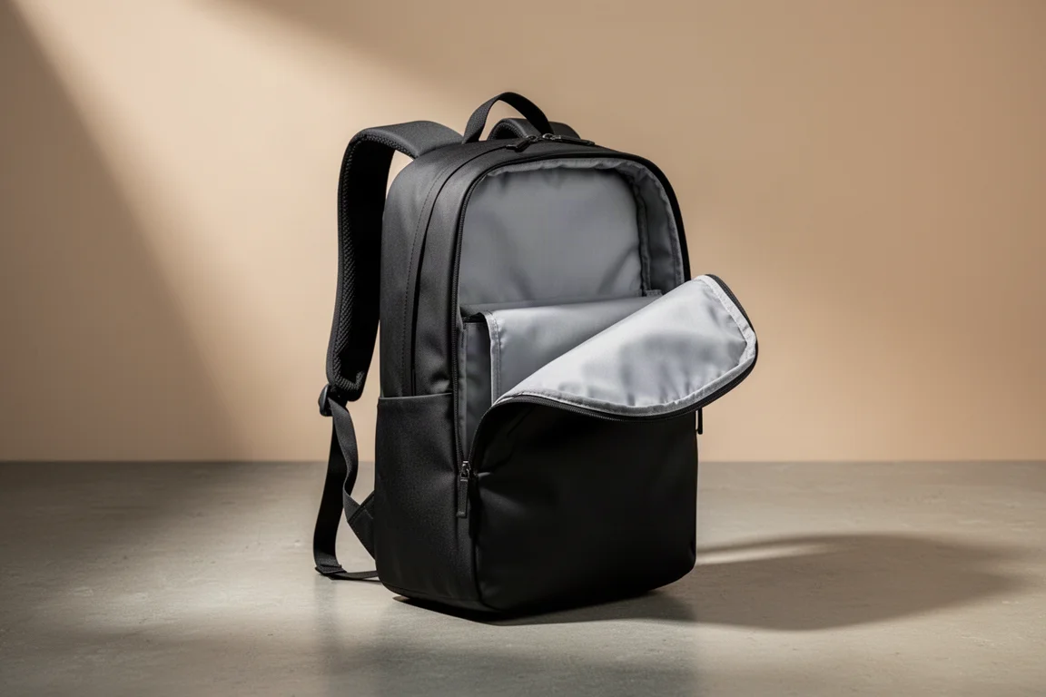 Black 45 liter travel backpack with clamshell opening and detachable hip belt on concrete