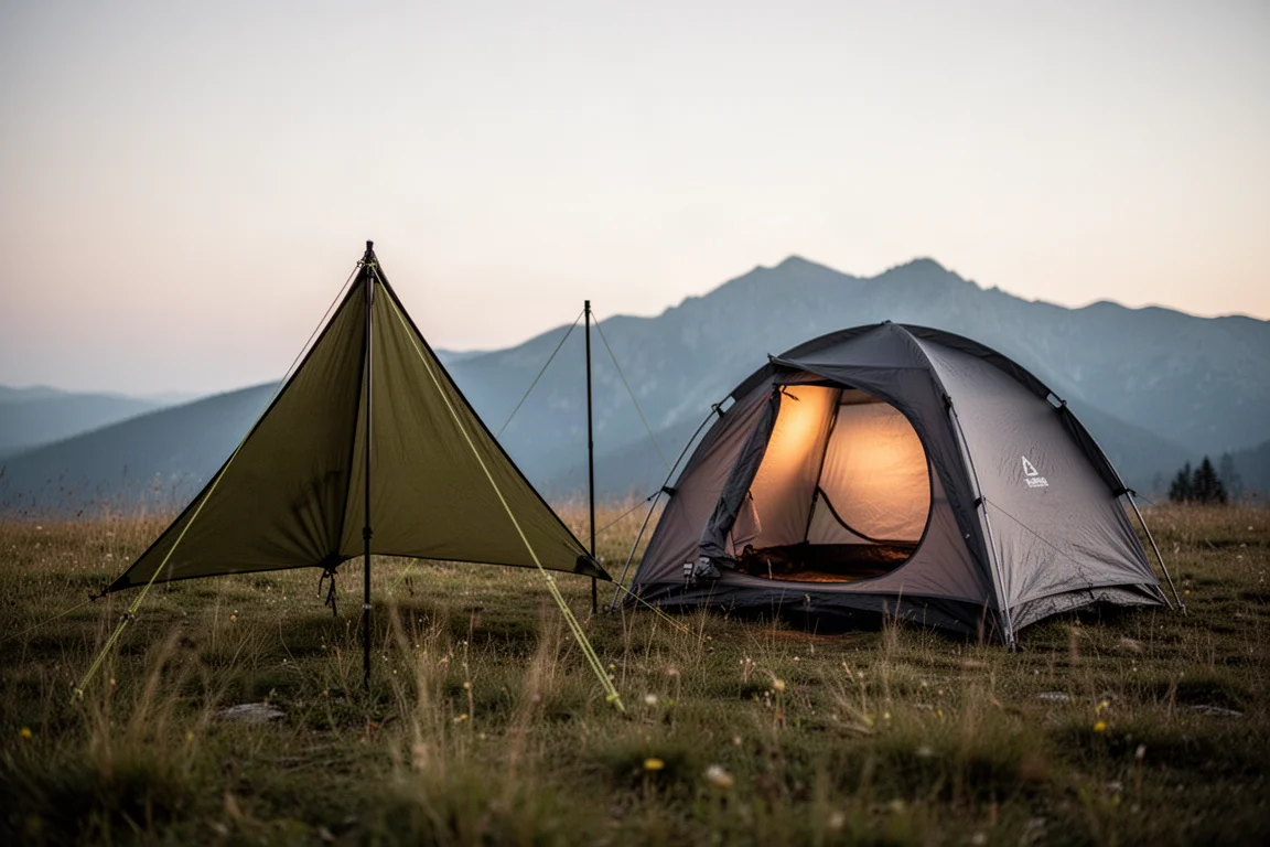 Duas barracas de trekking para uma pessoa montadas lado a lado em um prado de montanha ao anoitecer