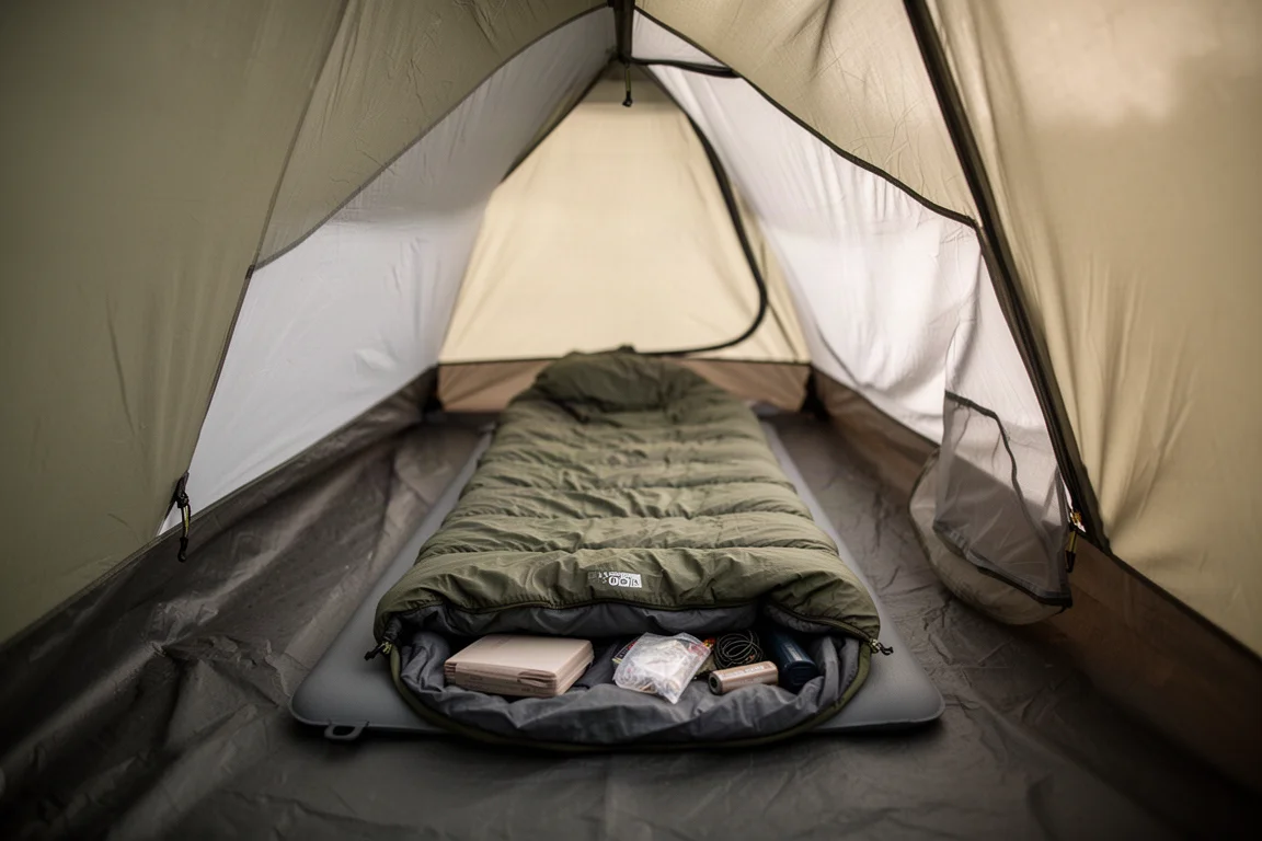 Interior de uma barraca de parede simples para uma pessoa com isolante térmico e equipamentos na extremidade dos pés