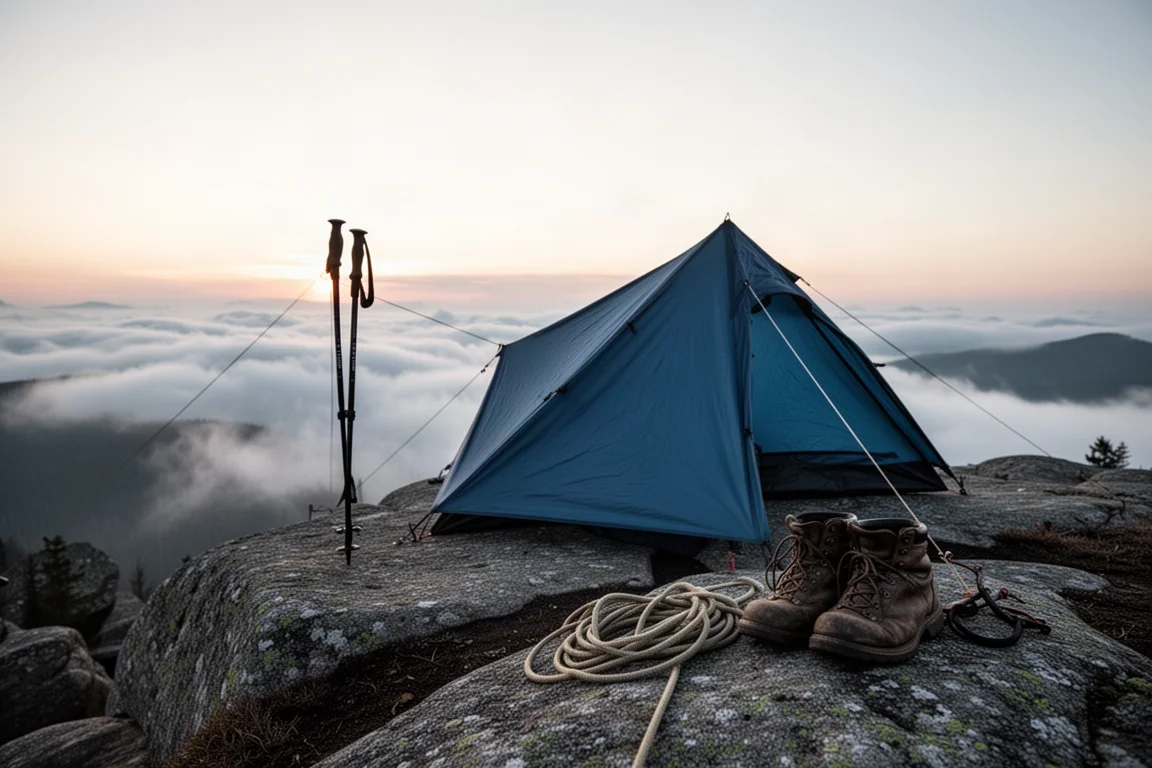 Campamento de mochilero al amanecer en una cresta de granito con una tienda azul baja con bastones de trekking