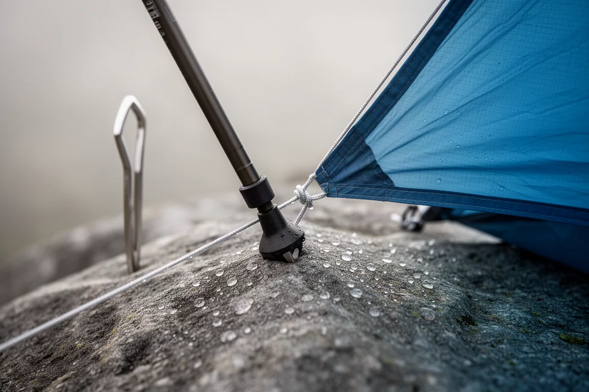 Punta de bastón de trekking encajada en el vértice de una tienda con rocío sobre tejido ripstop azul