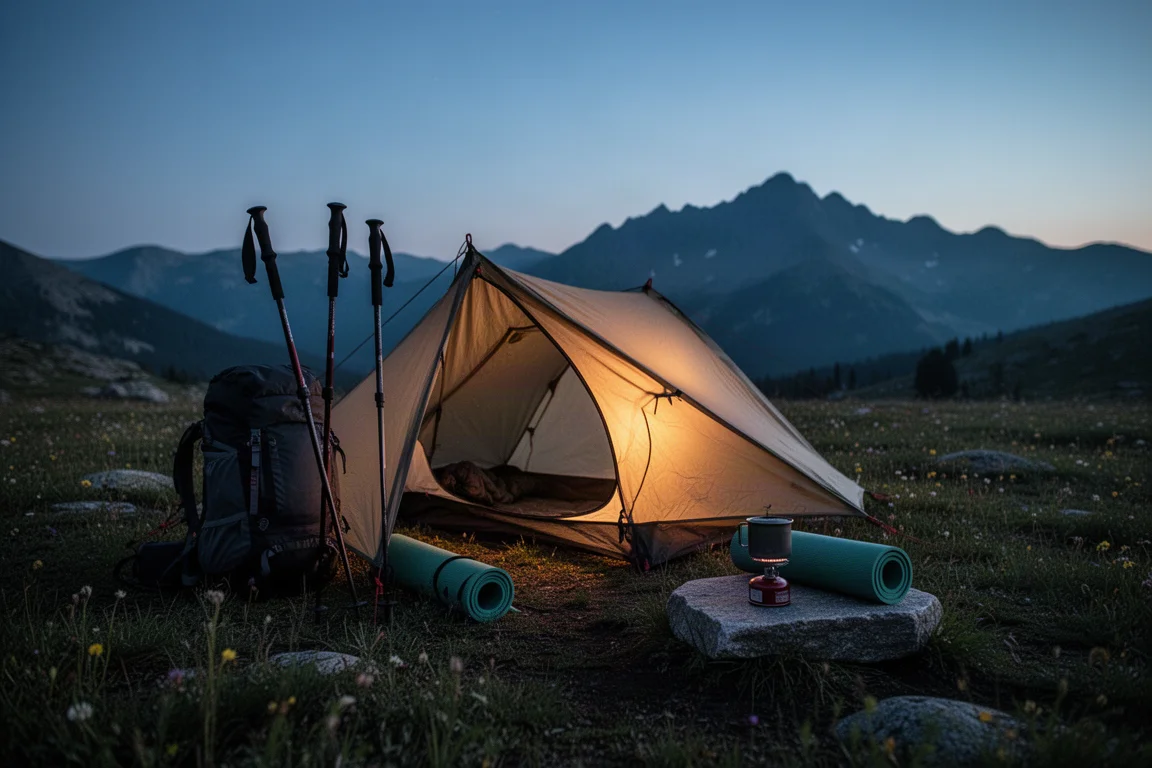 Refugio para dos personas con bastones de trekking brillando al atardecer en una pradera alpina alta